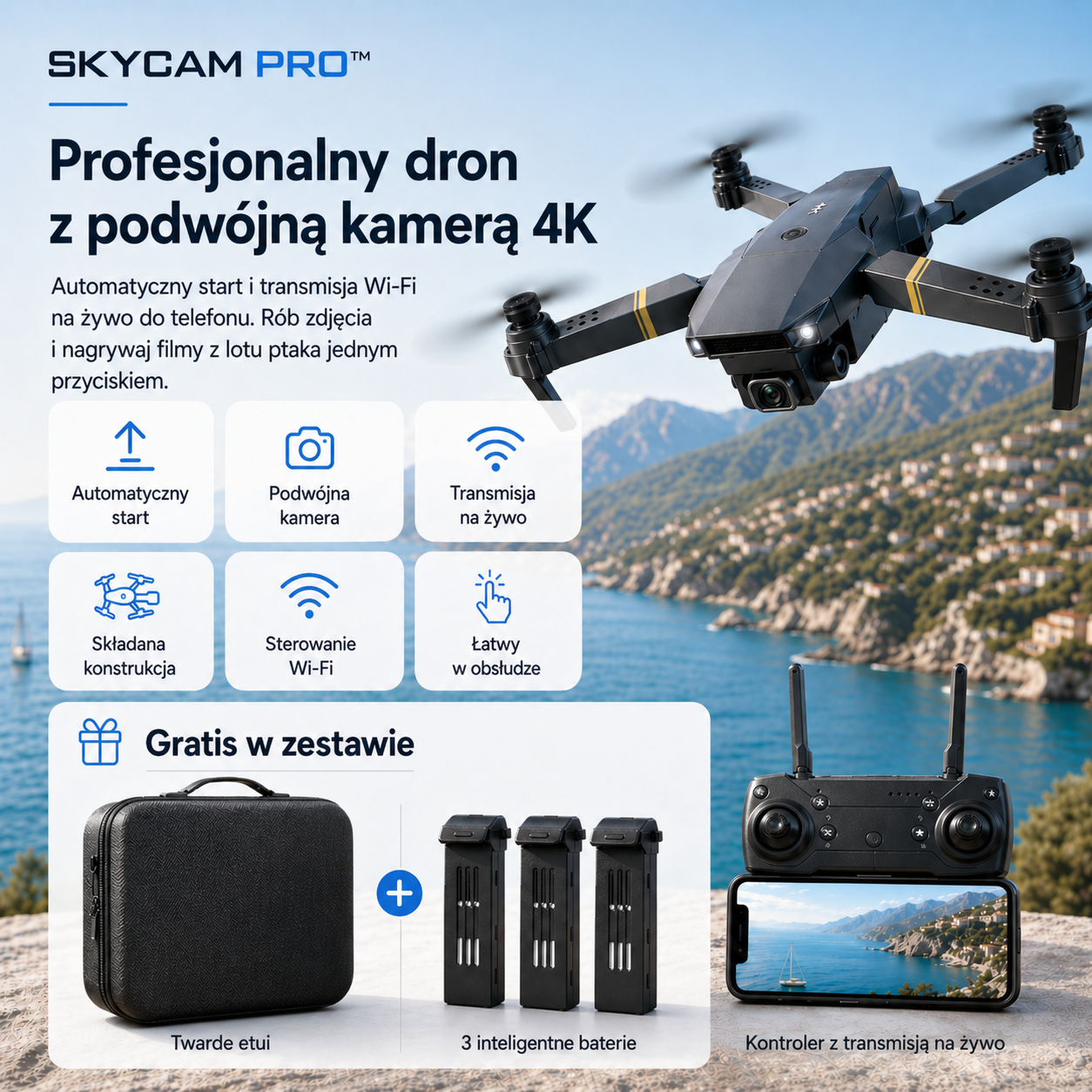 SKYCAM PRO™ | Dron 4K z podwójną kamerą, automatycznym startem i transmisją na żywo do telefonu. (Tylko dziś: etui + 3 baterie GRATIS)